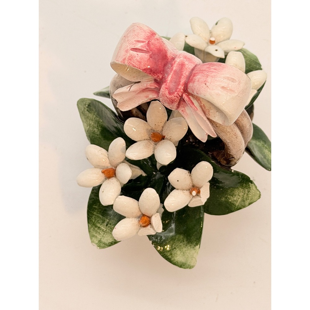Vintage Ceramic Flower Basket Figurine White Floral Pink Bow Capodimonte Cottage
